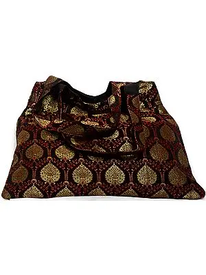 Black Brocaded Shopper Bag with Sequinned Paisleys