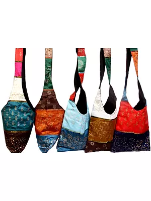 Lot of Five Multi-Color Hand-Painted Jhola Bags