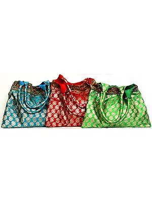 Lot of Three Brocaded Shopper Bag with Embroidered Patch Borders