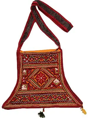 Mars-Red Shoulder Bag from Kutch with Floral Embroidery