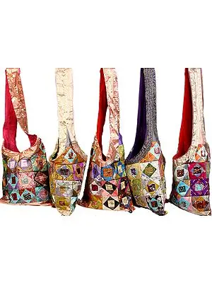 Lot of Five Multi-Color Patchwork Jhola Bags with Brocade Weave