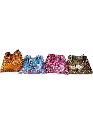 Lot of Four Shopper Bag with Woven Paisleys and Embroidered Patch Border