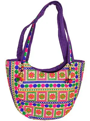 Star-White Floral Embroidered Shoulder Bag from Kutch with Mirrors