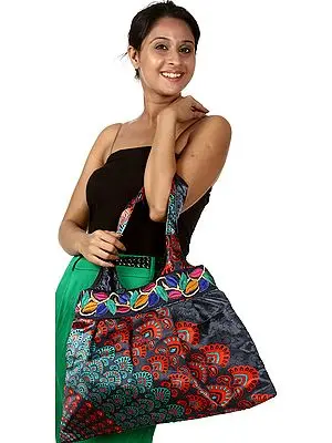 Gray Printed Shopper Bag from Gujarat with Patch Border