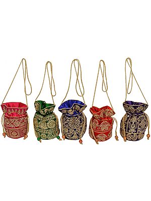 Lot of Five Drawstring Potli Bags with Golden Thread Embroidery and Sequins