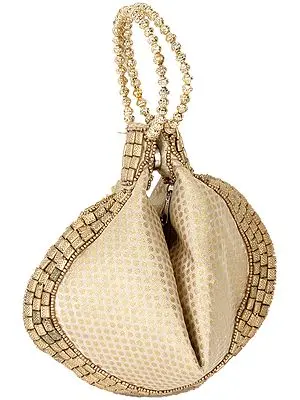 Ivory and Golden Bracelet Bag with Brocade Weave and Beadwork
