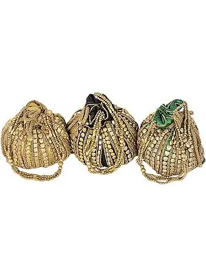 Lot of Three Potli Drawstring Bags with Dense Beadwork by Hand