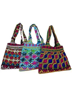 Lot of Three Shopper Bags from Gujarat with Aari Embroidery