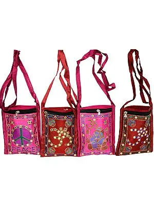 Lot of Four Passport Bags with Embroidered Auspicious Symbols