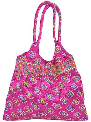 Satin Shopper Bag with Embroidered Patch Border and Bandhani Print