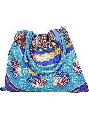 Satin Shopper Bag with Embroidered Patch Border and Bandhani Print