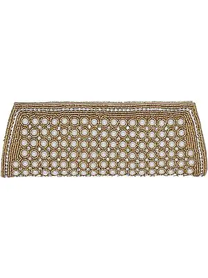 Golden Fancy Clutch Bag with Faux Pearls and Crystals
