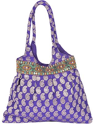 Brocaded Shopper Bag with Woven Paisleys and Embroidered Patch Border