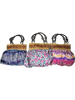 Lot of Three Hobo Bags with Printed Flowers and Wooden Handles