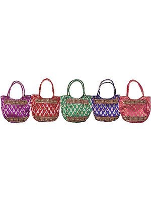 Lot of Five Shopper Bags with Brocade Weave and Embroidered Patch Border