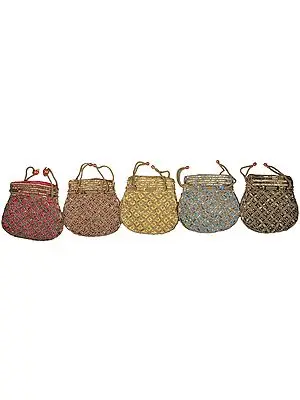 Lot of Five Potli Drawstring Bags with Zardozi Embroidery by Hand