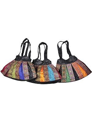 Lot of Three Shopper Bags from Gujarat with Embroidery and Patch Border