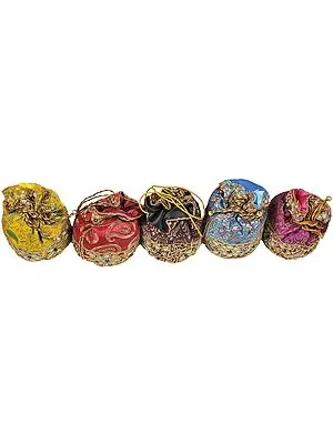 Lot of Five Drawstring Potli Bags with Brocade Weave and Embroidered Flowers
