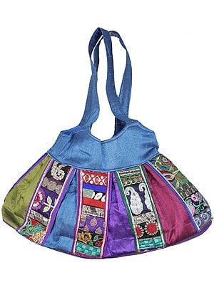 Multi-Color Shopper Bag with Metallic Thread Embroidered Flowers and Paisleys