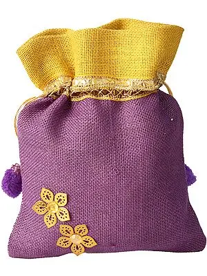 Purple and Yellow Drawstring Potli Bag with Embellishments and Patchwork