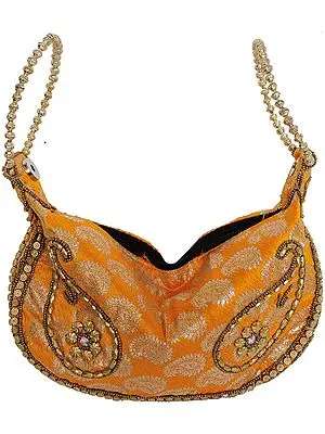 Saffron Bracelet Bag with Brocade Weave and Embroidered Beads