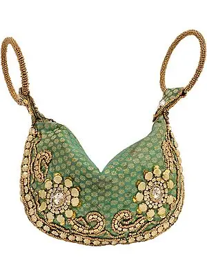 English Ivy-Green Bracelet Bag with Brocade Weave and Beadwork