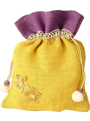 Purple and Yellow Drawstring Potli Bag with Embellishments and Patchwork