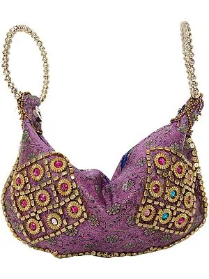 Pansy-Purple Brocaded Bracelet Bag with Beadwork by Hand