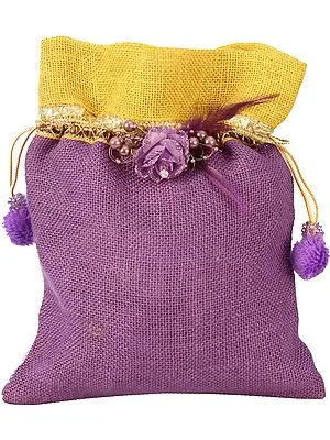 Purple and Yellow Drawstring Potli Bag with Embellishments and Patchwork