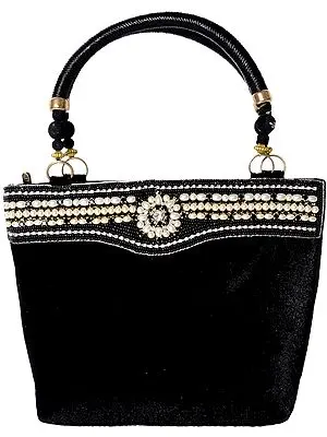 Black HandBag with Embroidered Faux Pearls and Beads