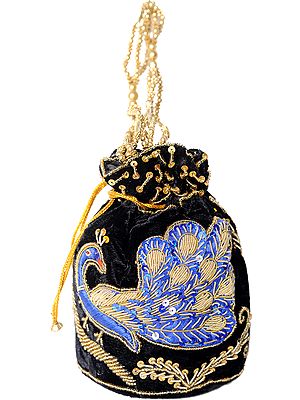 Drawstring Potli Bags with Zardozi Embroidered Peacock and Sequins