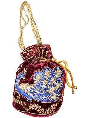 Drawstring Potli Bags with Zardozi Embroidered Peacock and Sequins