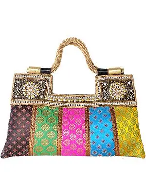 Multi-Color HandBag with Brocade Weave and Embroidered Beads
