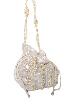 Ivory Potli Drawstring Bag with Embroidered Beads and Faux Pearls