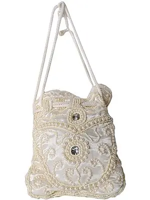 Cream Drawstring Potli Bag with Faux Pearls and Beads