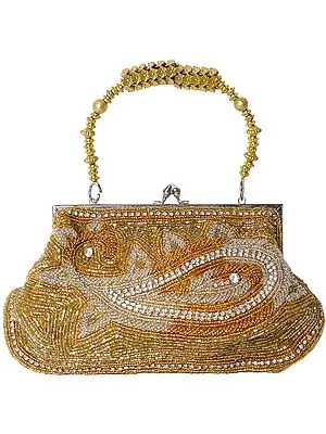 Golden Bracelet Bag with Beads Embroidered Paisleys