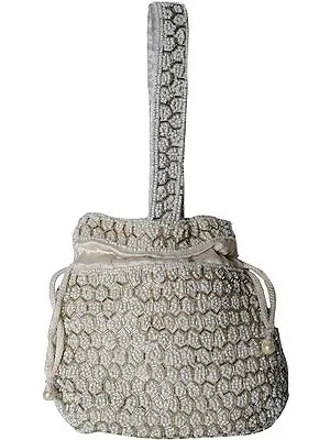 Ivory Drawstring Potli Bag with Antique Faux Pearl Embroidery