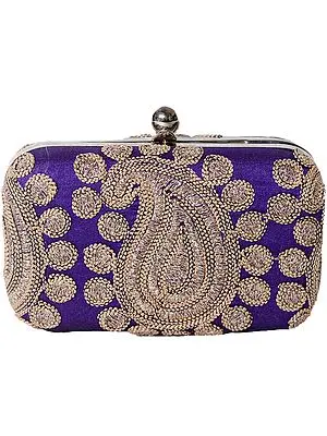 Pansy-Purple Clutch Bag with Metallic Thread Embroidered Paisleys
