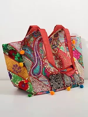 Shoulder Bag from Kutch with Floral Embroidery and Pom Poms