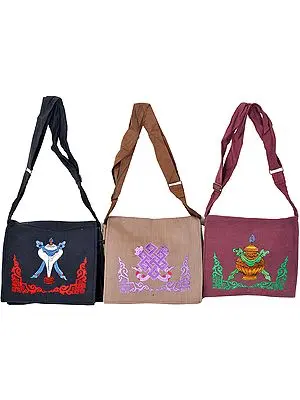 Lot of Three Jhola Bags with Embroidered Tibetan Ashtamangala Motifs