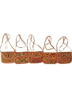 Lot of Five Leather Handbags from Jodhpur with Aari Embroidery by Hand