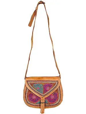 Fawn Leather Handbag from Jodhpur with Aari Embroidery by Hand