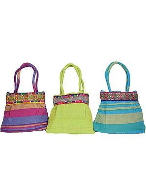 Lot of Three Woven Shopper Bags from Gujarat with Patchwork