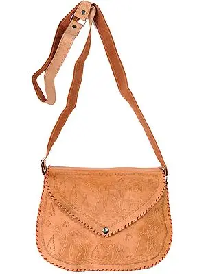Fawn Leather Handbag from Jodhpur with Etched Camels