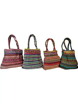 Lot of Four Woven Shopper Bag with Embroidered Patch Border