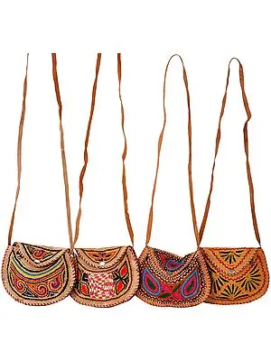 Lot of Four Leather Handbags from Jodhpur with Aari Embroidery by Hand