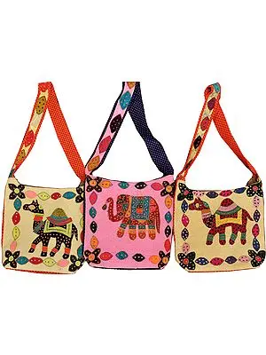 Lot of Three Jhola Bags from Jodhpur with Applique Elephants and Camels