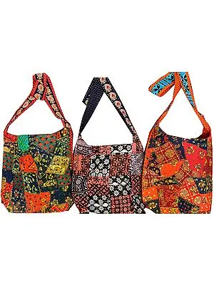 Lot of Three Shopper Bags with Printed Patches and Kantha Embroidery