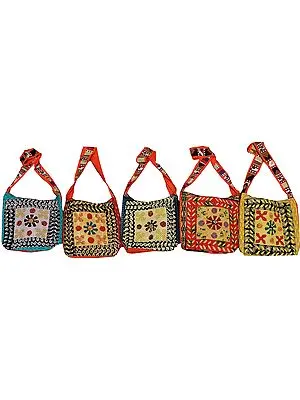 Lot of Five Stonewashed Shopper Bags with Applique Work