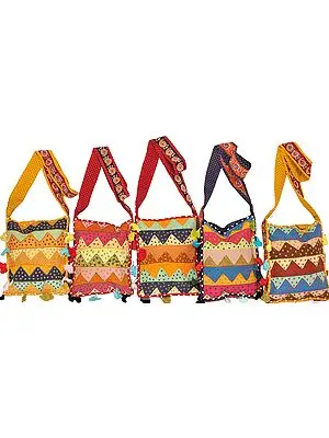 Lot of Five Jhola Bags with Patchwork and Kantha Embroidery